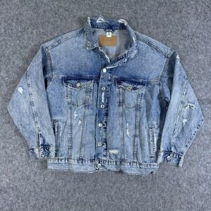 &Denim Denim Trucker Jacket Mens Small Long Sleeve Blue Stone Distressed Pockets